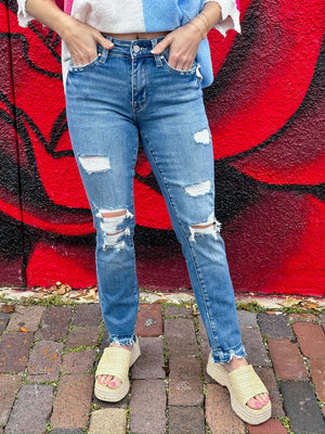 Clara Mid Rise Slim Straight Destroyed Hem Jeans