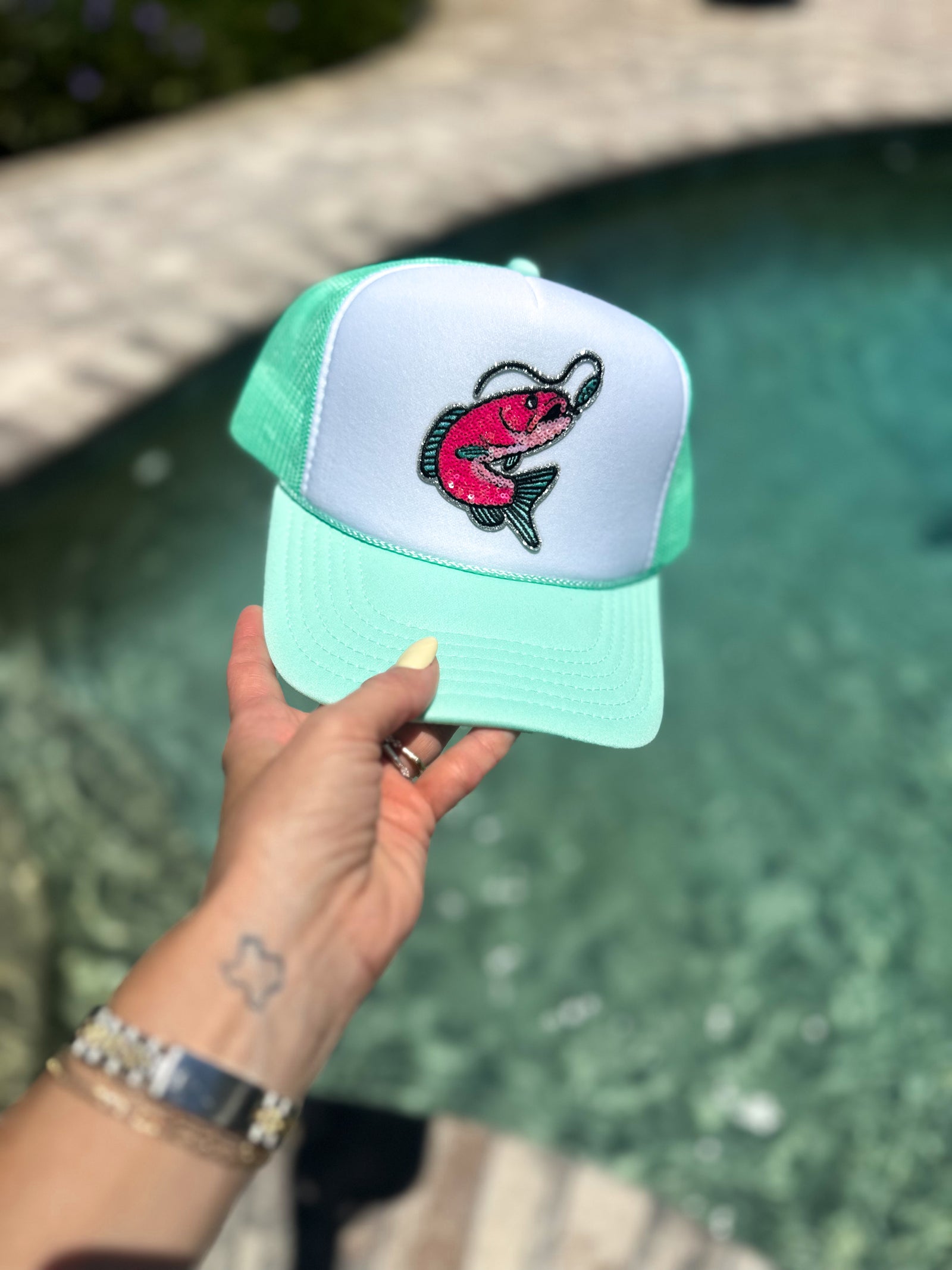 Pink Glitter Fish Bait Sequin Patch Hat