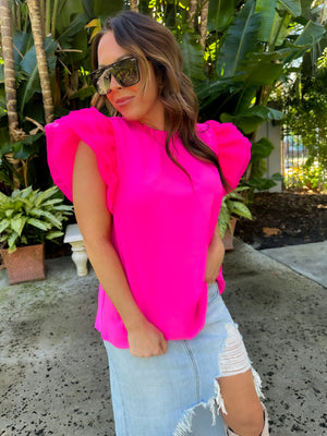 Can't Break It To My Heart Ruffle Sleeve Top - Hot Pink