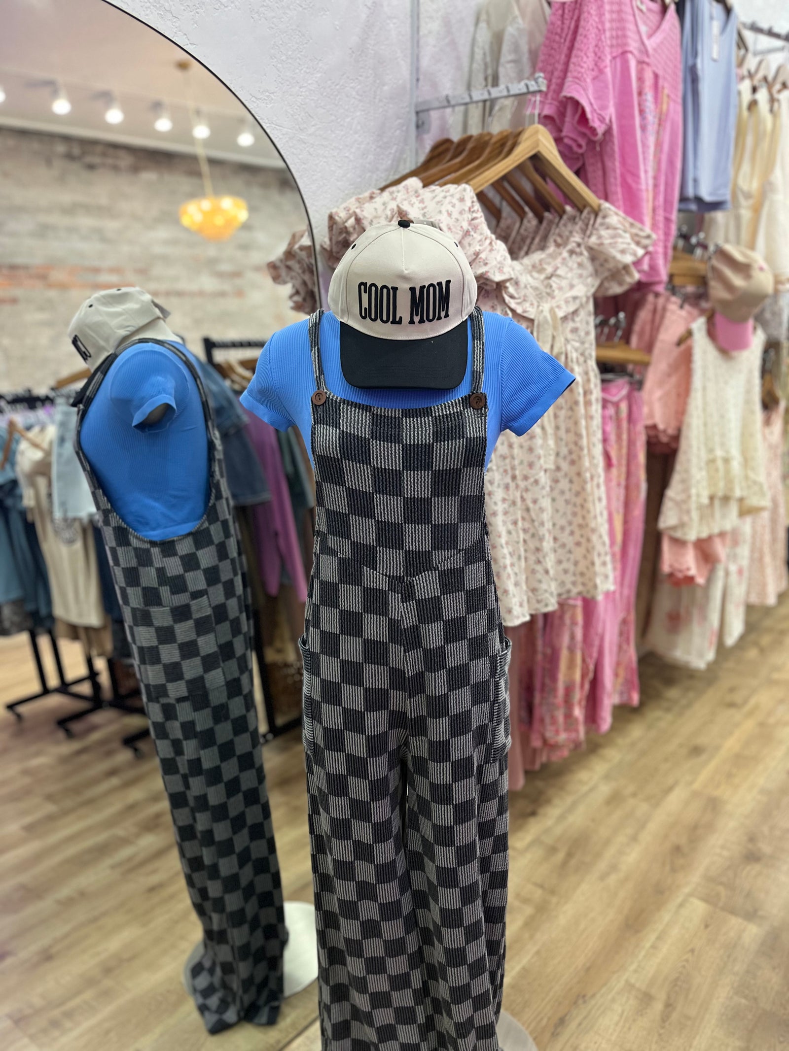 Lori Checkered Print Wide Leg Overall Jumpsuit
