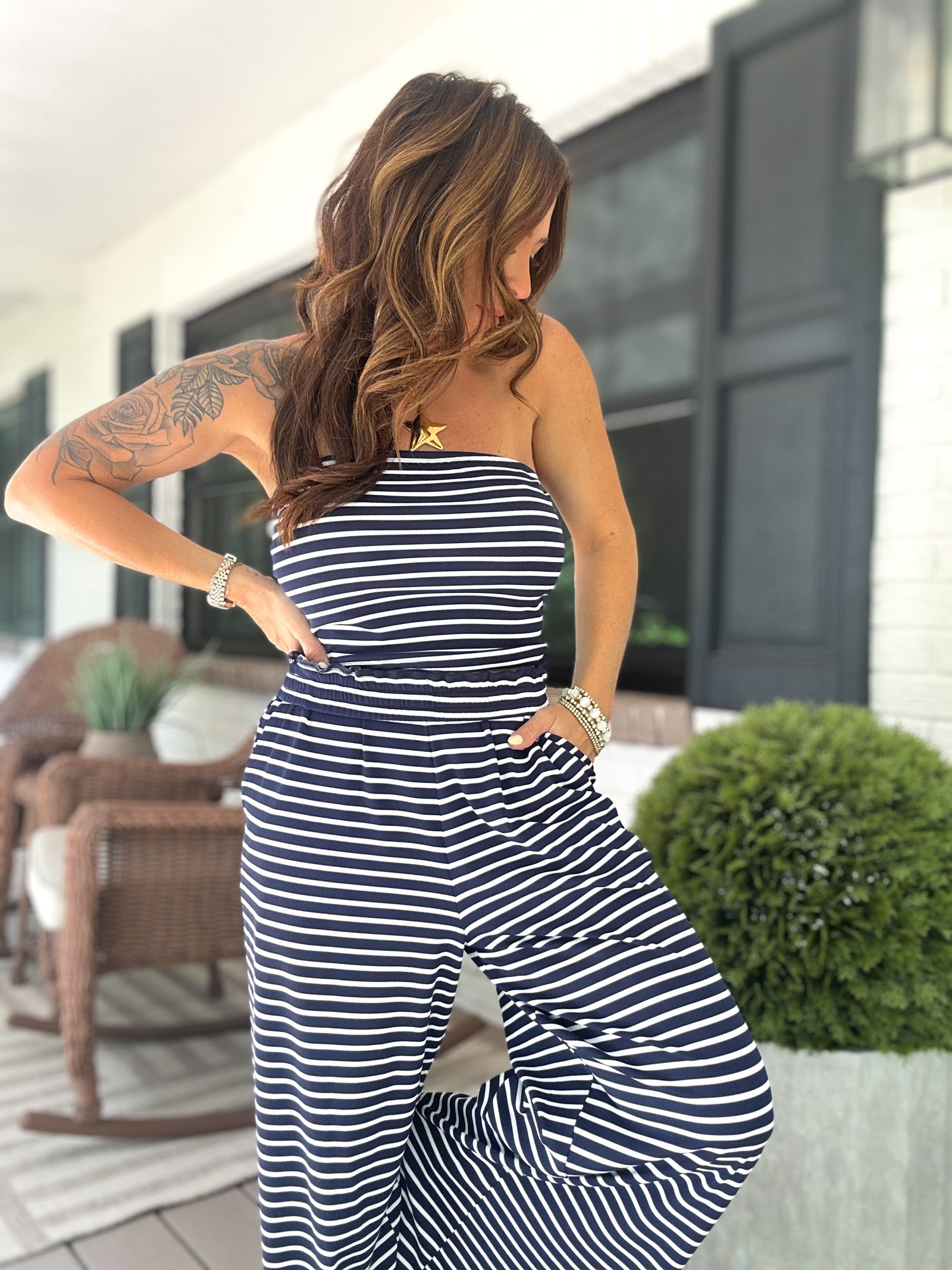 Darla Striped Jersey Knit Pants - Navy