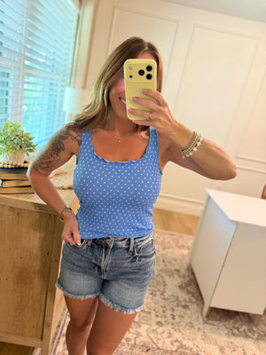 Trey Polka Dot Ruffle Edge Tank - Marina