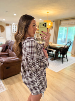 Sterling Plaid Collared Button Down Distressed Top - Brown