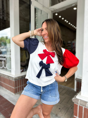 Little Miss USA Puff Sleeve Bow Detail Top