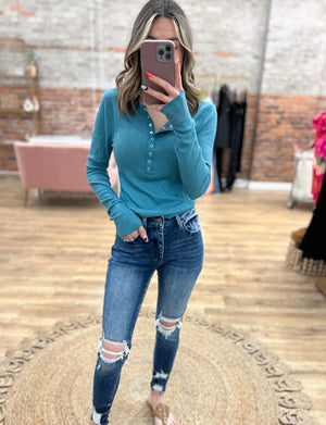 Level Up Waffle Knit Henley Top - Teal