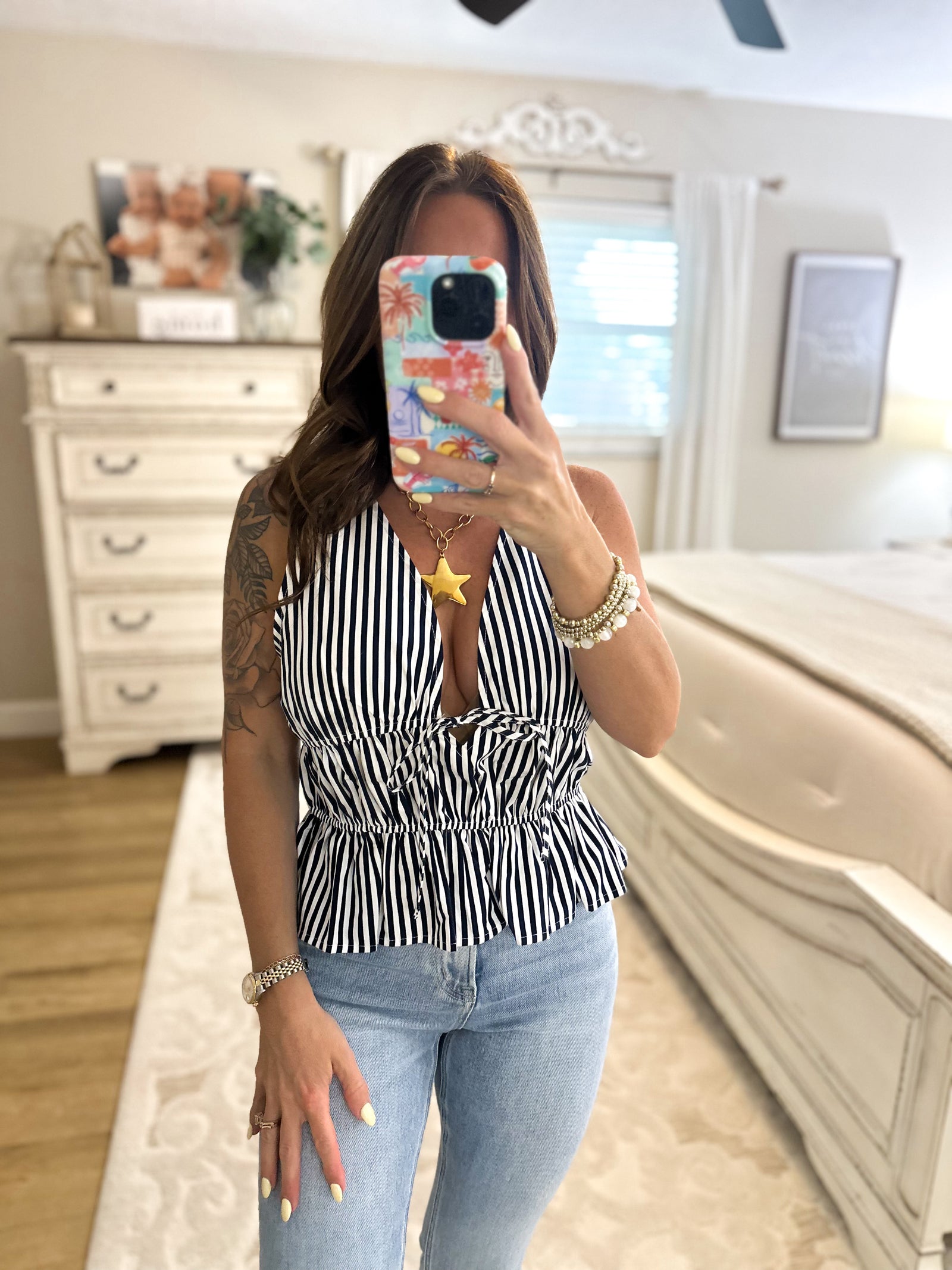 Claire Striped Ruffle Tank - Navy