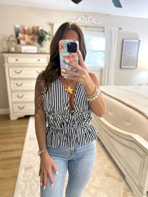 Claire Striped Ruffle Tank - Navy