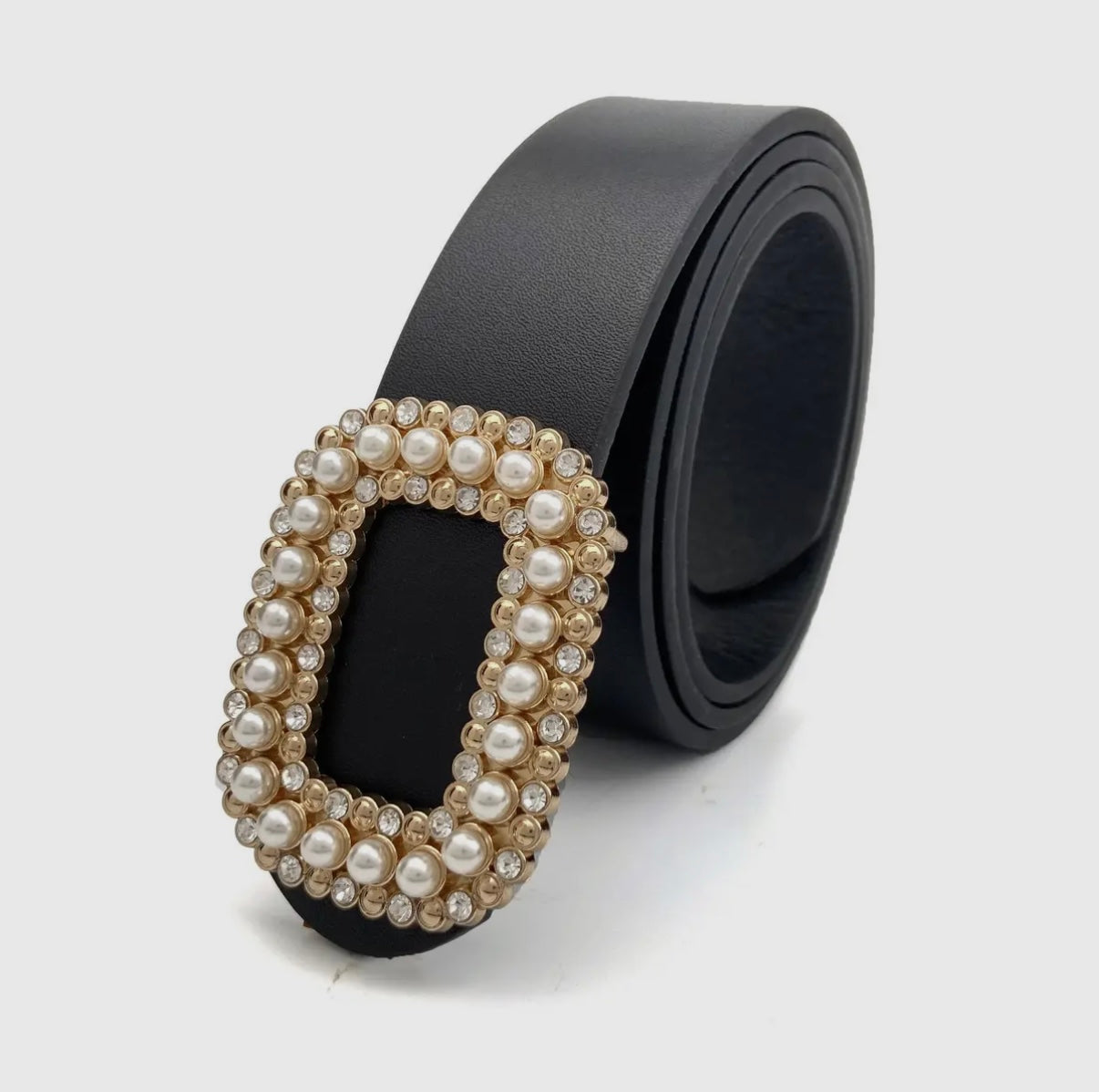 Round Pearl & Rhinestone Buckle Belt - Black