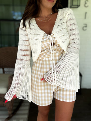 Here & Now Bell Sleeve Tie Front Cropped Cardigan