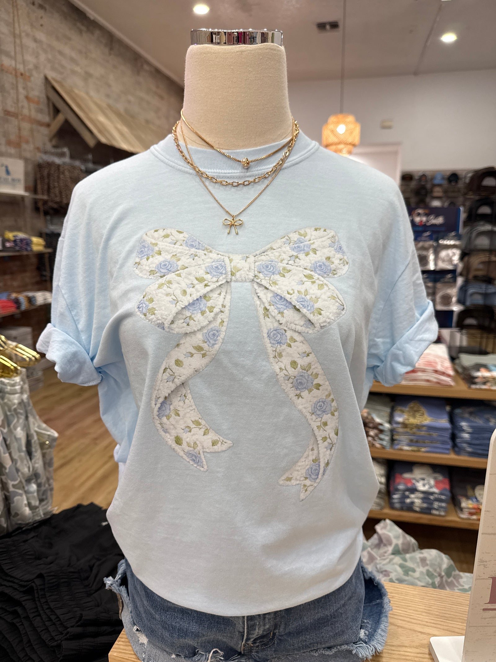 Blue Floral Bow Comfort Colors Tee