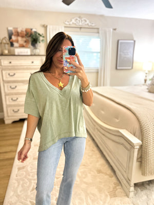 Alyse Oversized V-Neck Short Sleeve Top - Sage