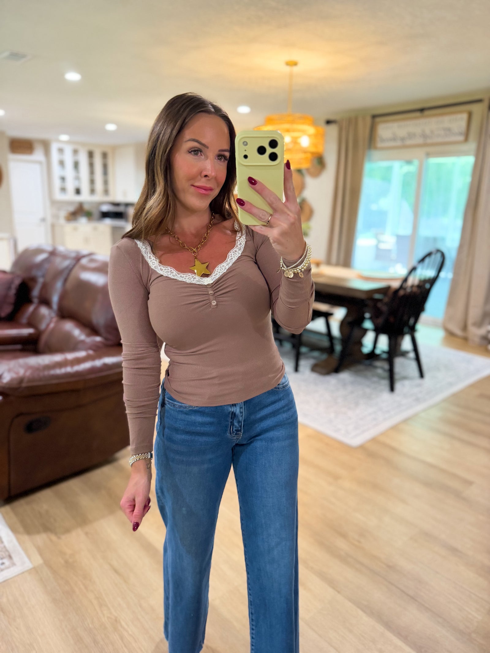 Anna Lace Trim Long Sleeve Henley Top - Brown