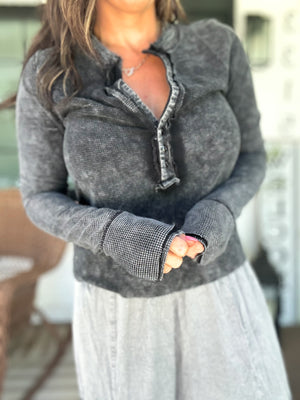 Montana Waffle Knit Henley Top - Charcoal