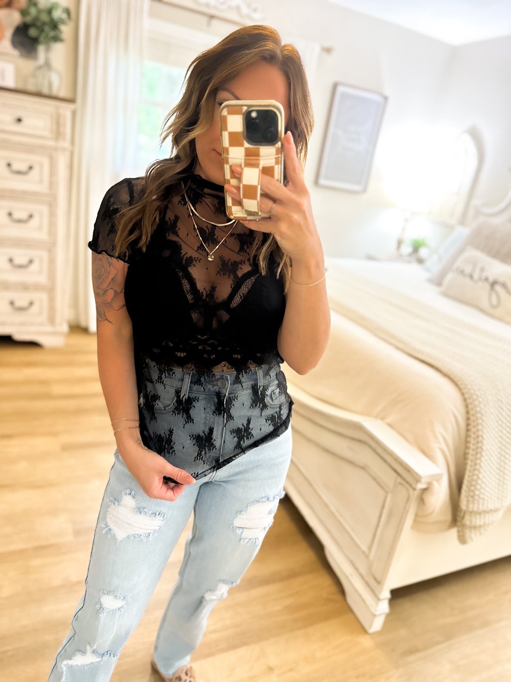 Simple Moments Mock Neck Lace Top - Black