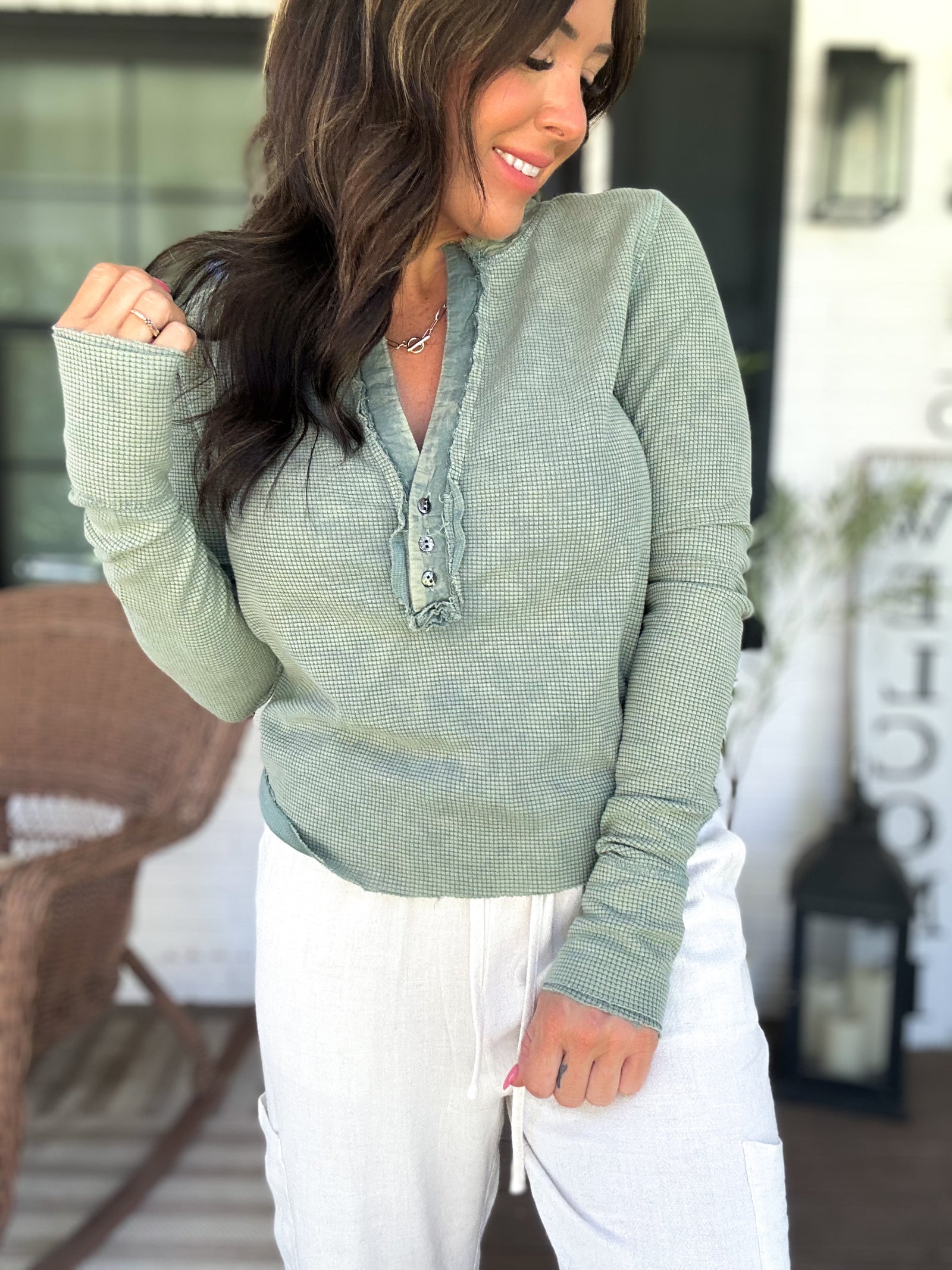 Montana Waffle Knit Henley Top - Olive