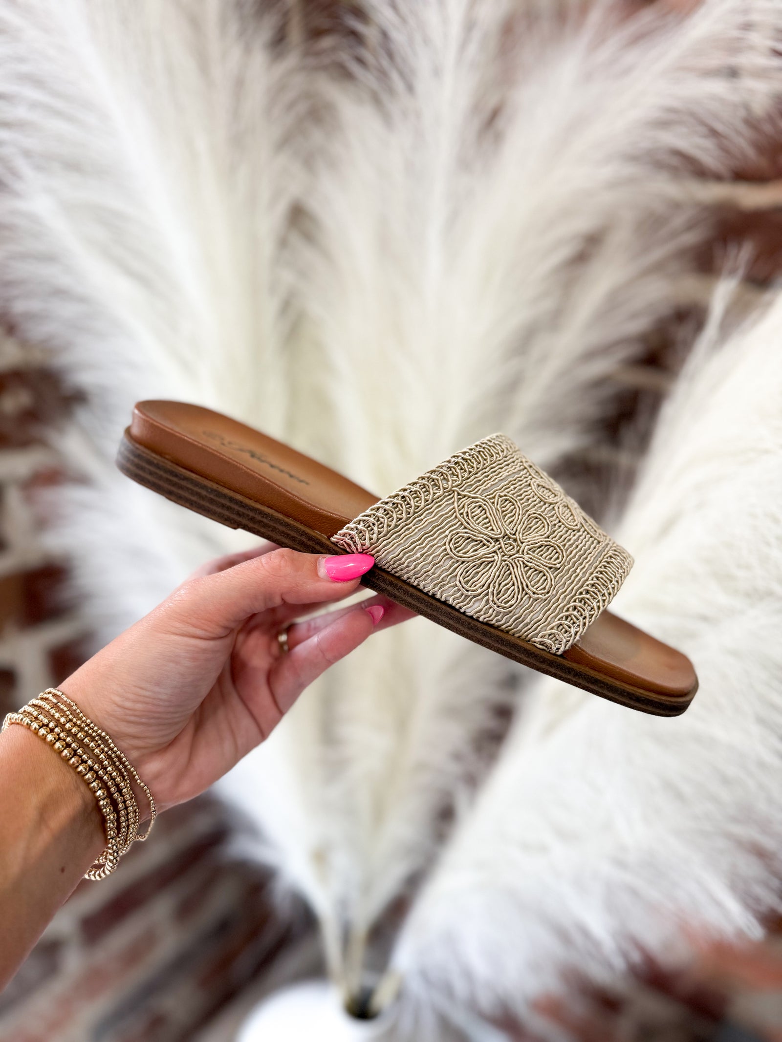 Daisy Stitched Flower Sandals - Taupe