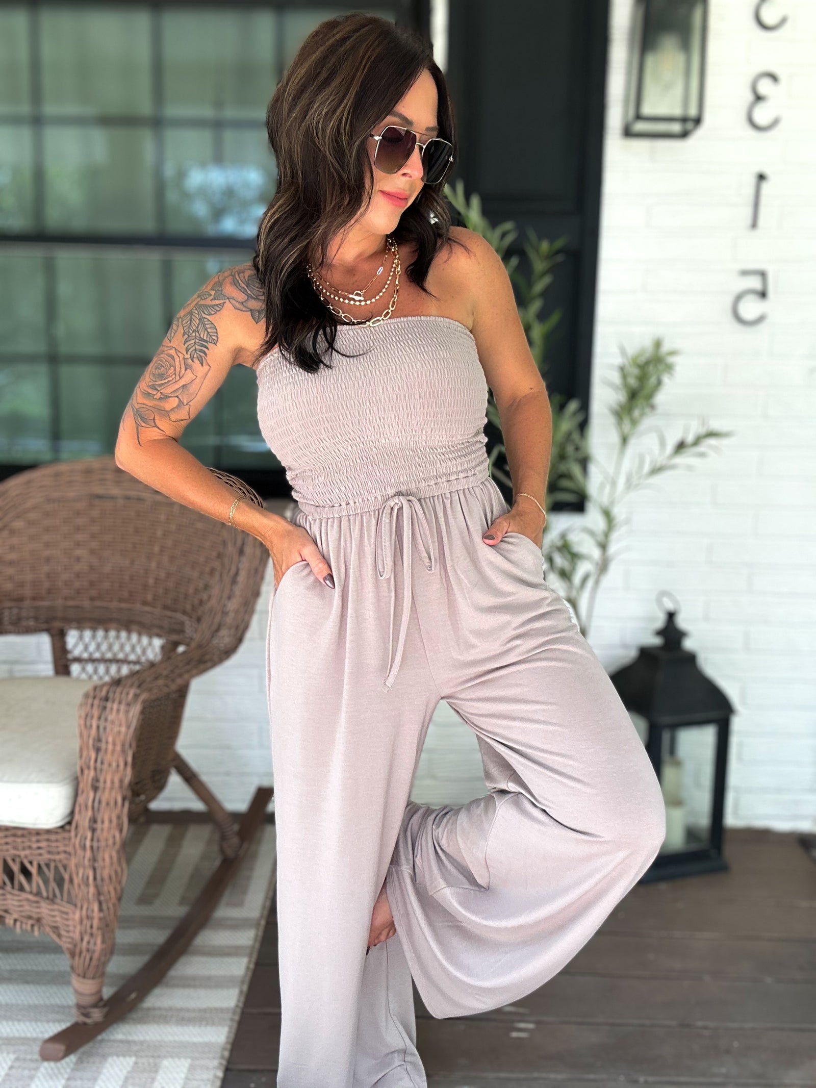 Little Too Late Smocked Jumpsuit - Beige