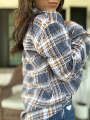 Lana Button Up Flannel Top- Navy