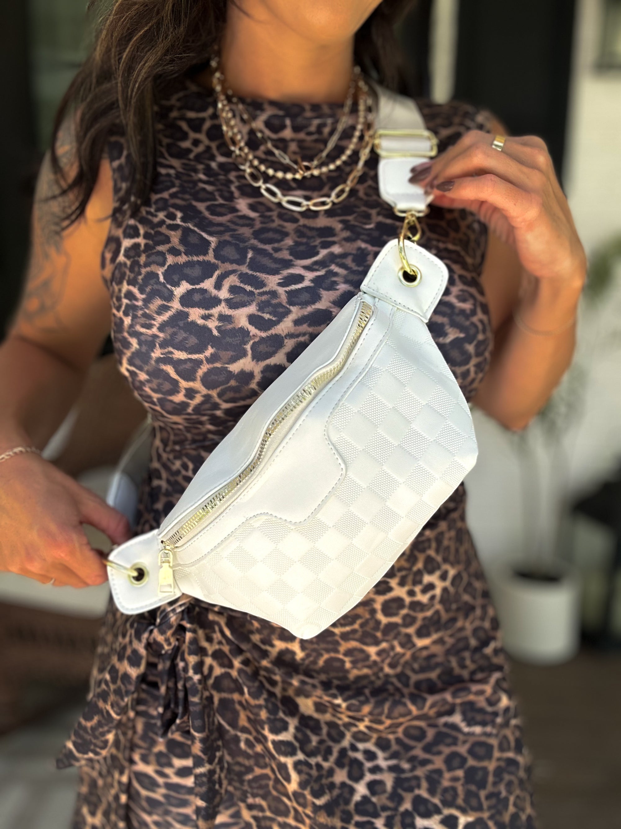 Checkered Cross Body Bum Bag - Ivory