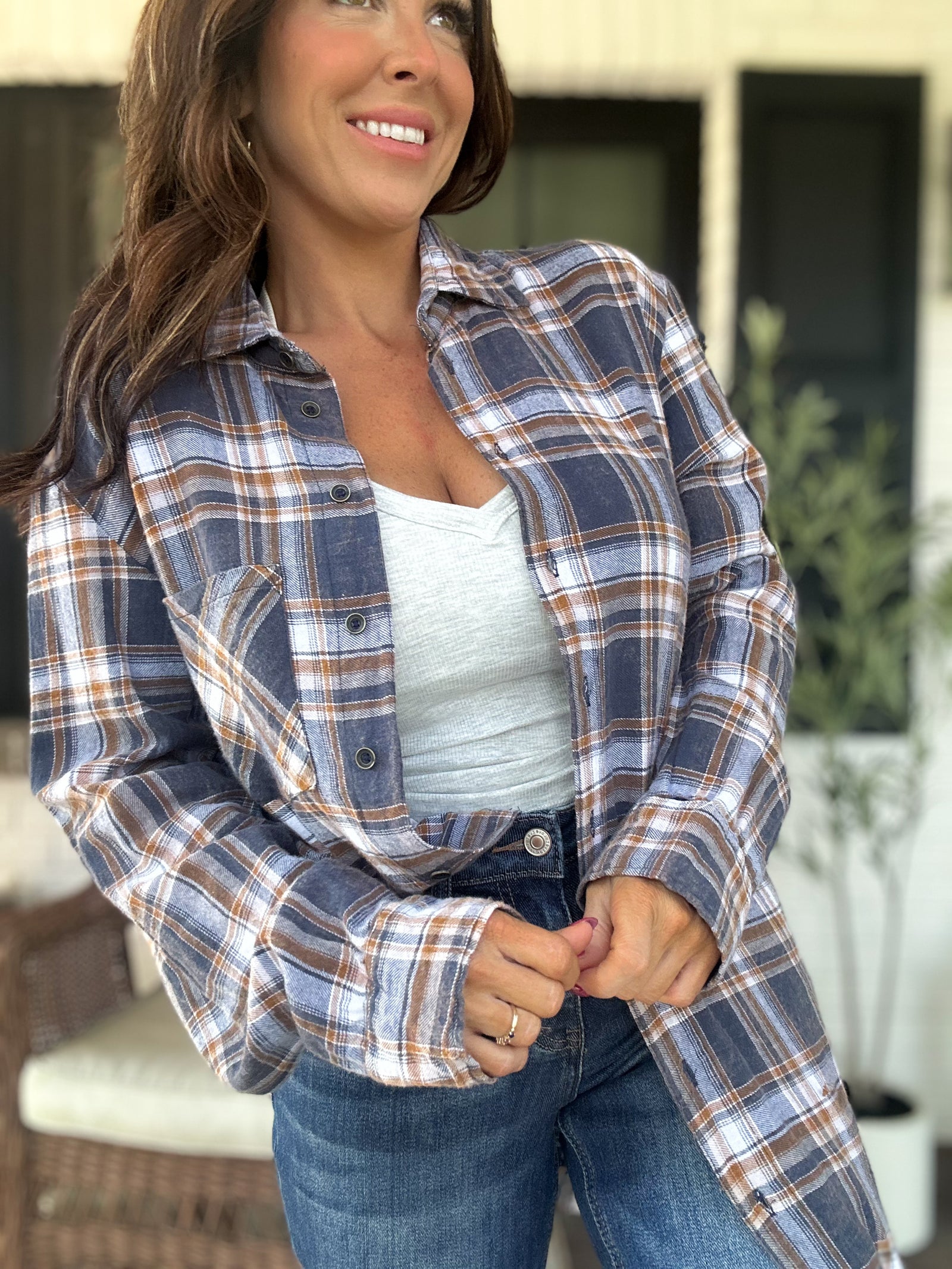 Lana Button Up Flannel Top- Navy