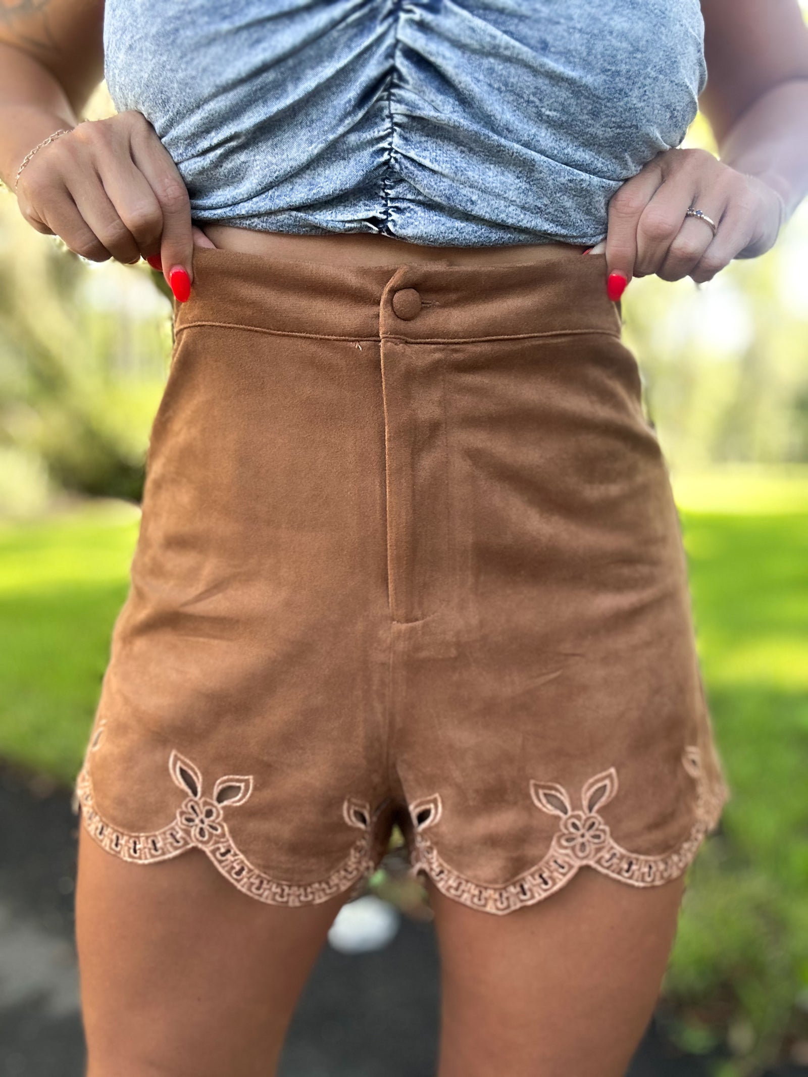 Level Up Suede Eyelet Shorts - Camel