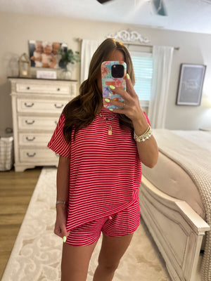 Nikki Striped Knit Shorts - Red/Pink