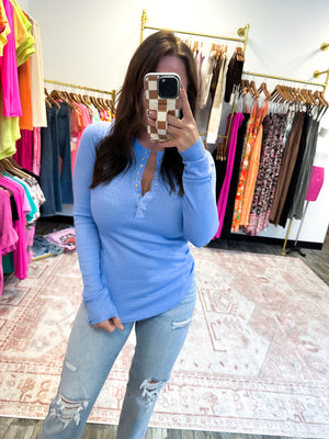 Level Up Waffle Knit Henley Top - Baby Blue