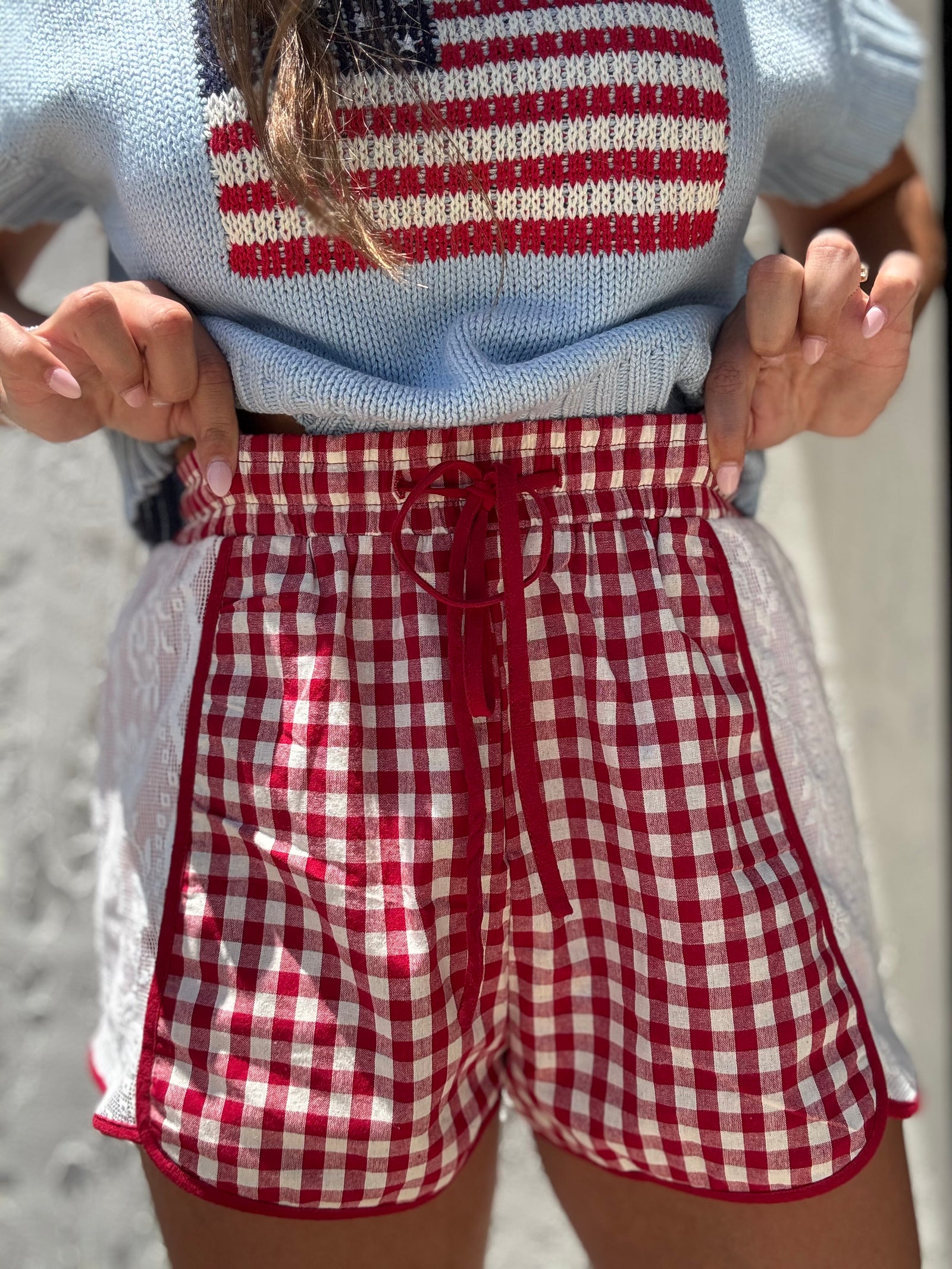 Jenny Gingham Mini Shorts With Floral Lace
