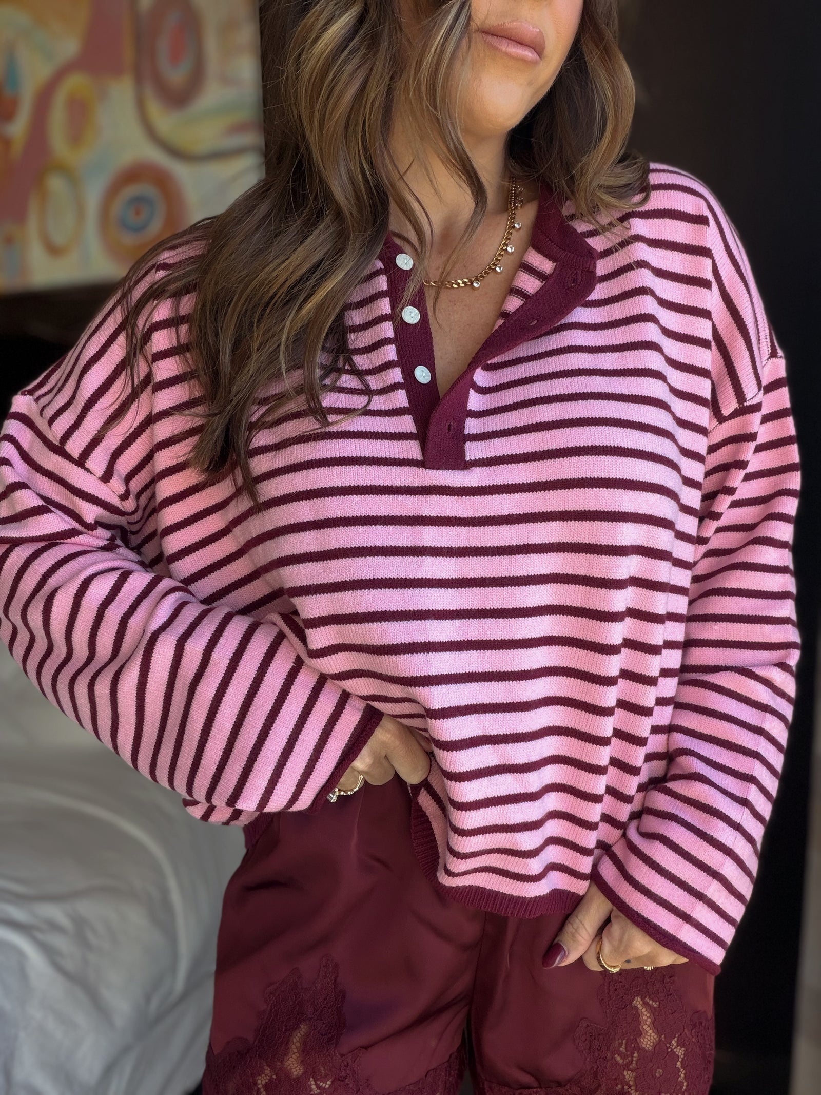 Serena Striped Henley Knit Top - Burgundy/Pink