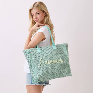 Summer Woven Straw Fringe Tote Bag