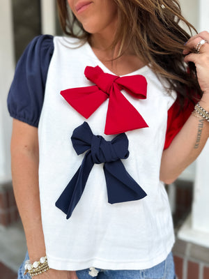 Little Miss USA Puff Sleeve Bow Detail Top