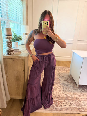 Mason Mineral Washed Tiered Wide Leg Pants - Eggplant