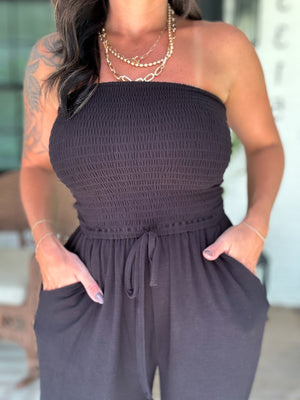 Little Too Late Smocked Jumpsuit - Black