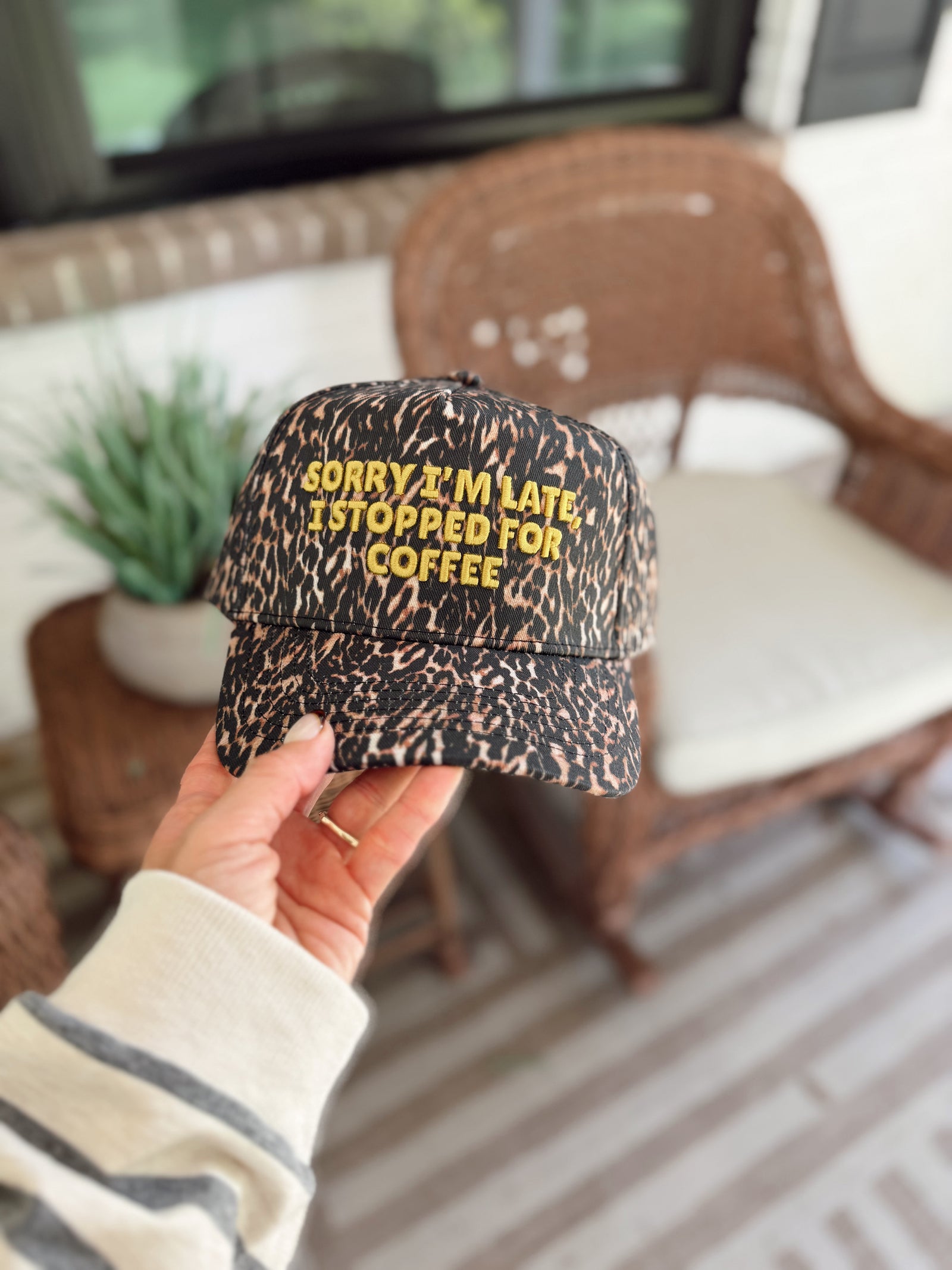 Sorry I'm Late, I Stopped for Coffee - Luxe Leopard Trucker Hat