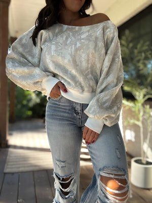 Audrina Off Shoulder Camo Sweater Top
