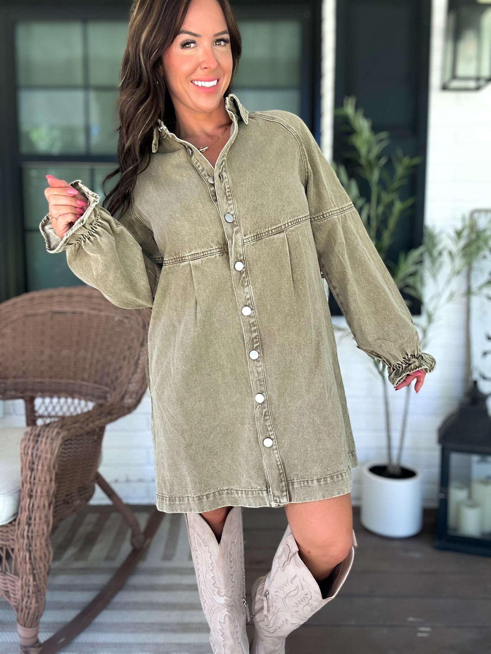 Millie Denim Button Down Dress - Olive