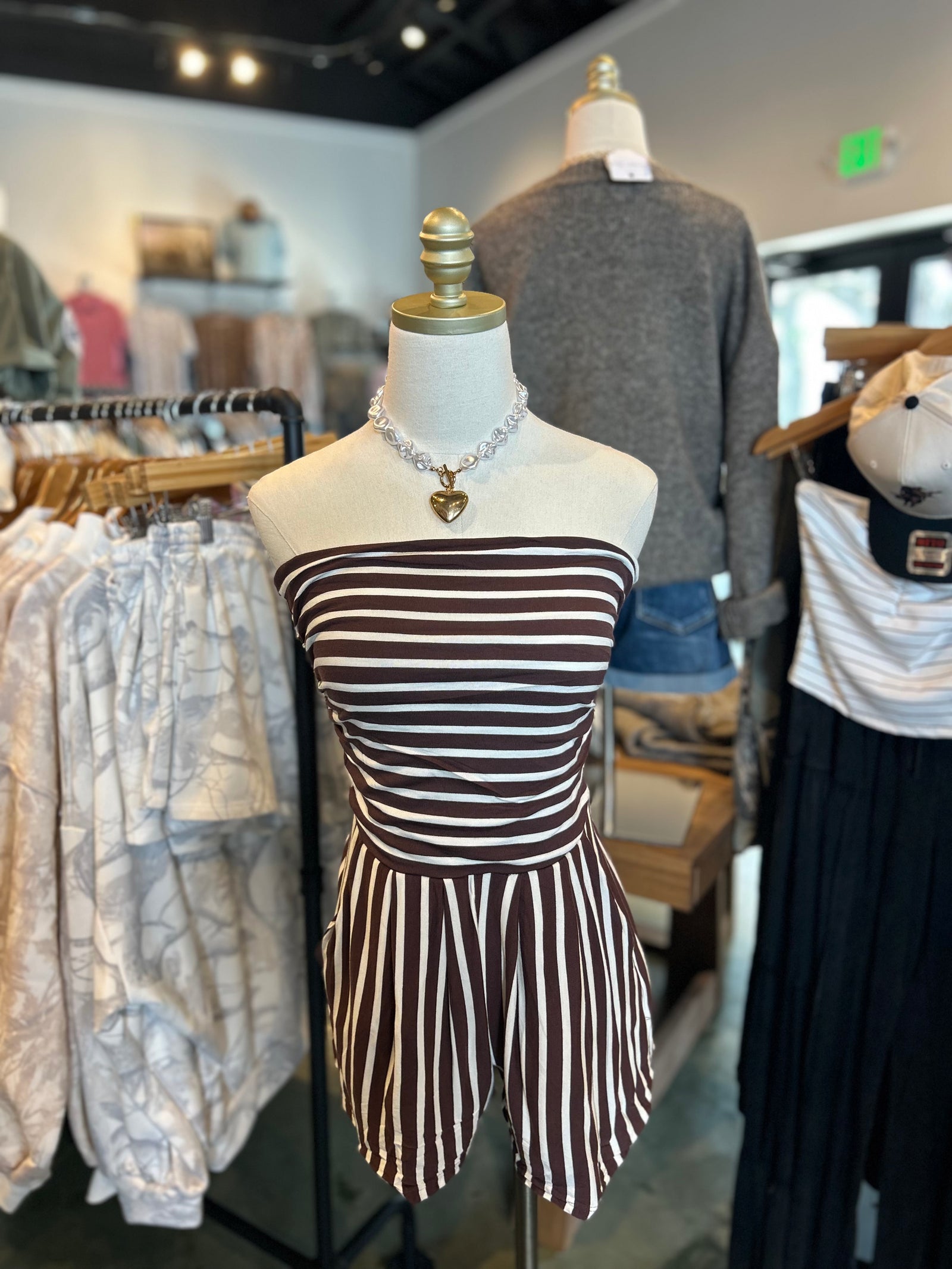 Better Days Ahead Striped Strapless Romper - Chocolate