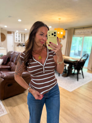 Teddi VNeck Striped Short Sleeve Top - Brown