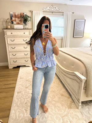 Claire Striped Ruffle Tank - Bright Blue