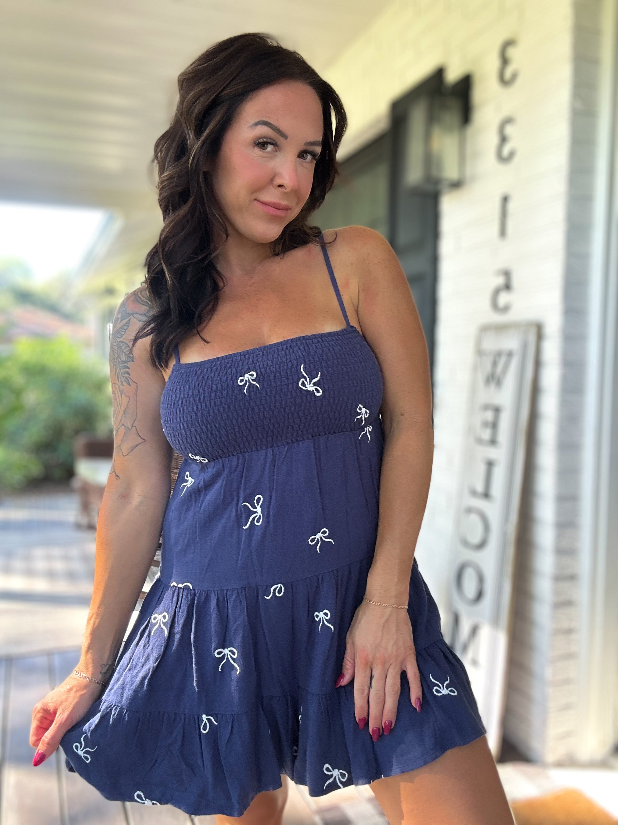 Shannon Bow Embroidered Tiered Romper - Navy