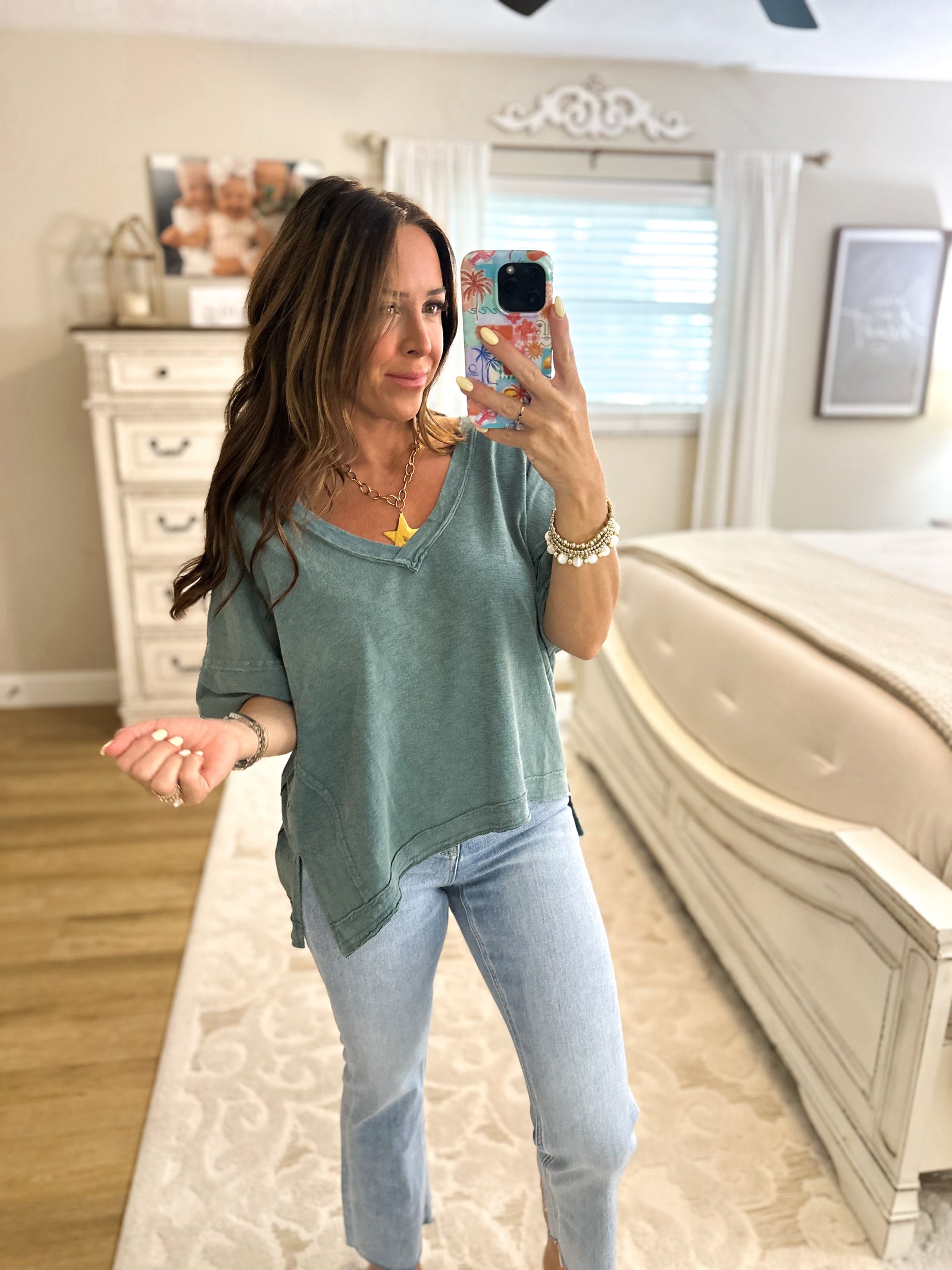Alyse Oversized V-Neck Short Sleeve Top - Teal