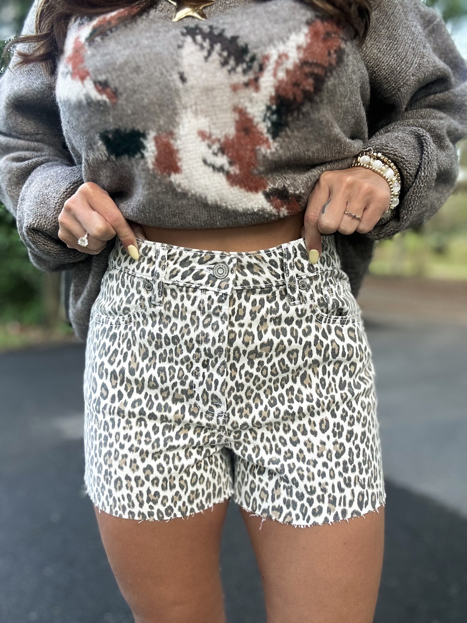 Jentry White Cheetah Denim High Rise Shorts