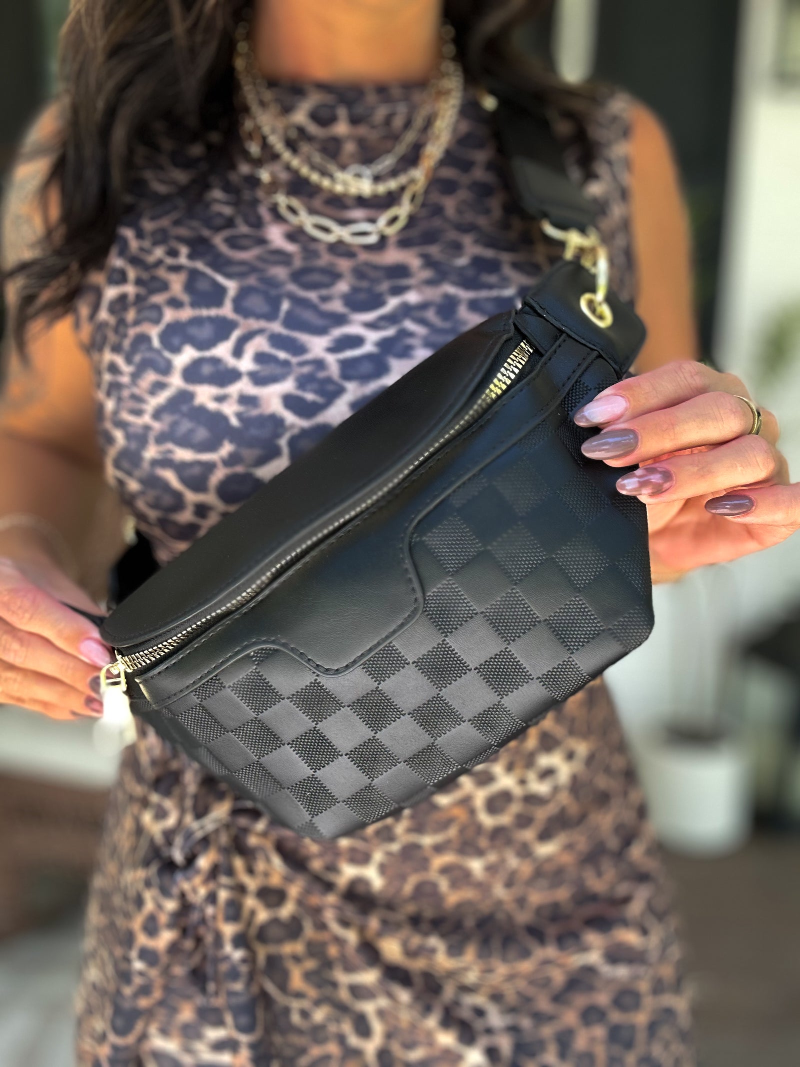 Checkered Cross Body Bum Bag - Black