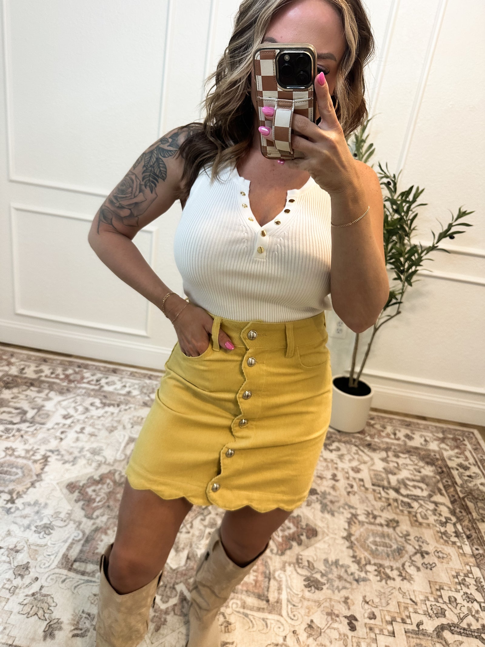 Sweet Escape Scalloped Corduroy Mini Skirt - Mustard