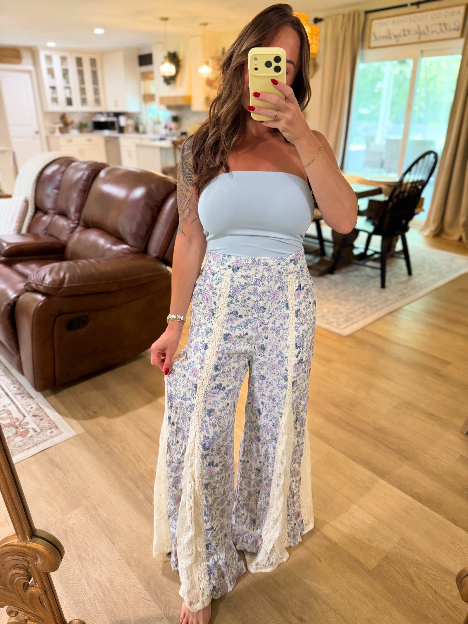 Bellamy Floral Print Lace Flare Pants
