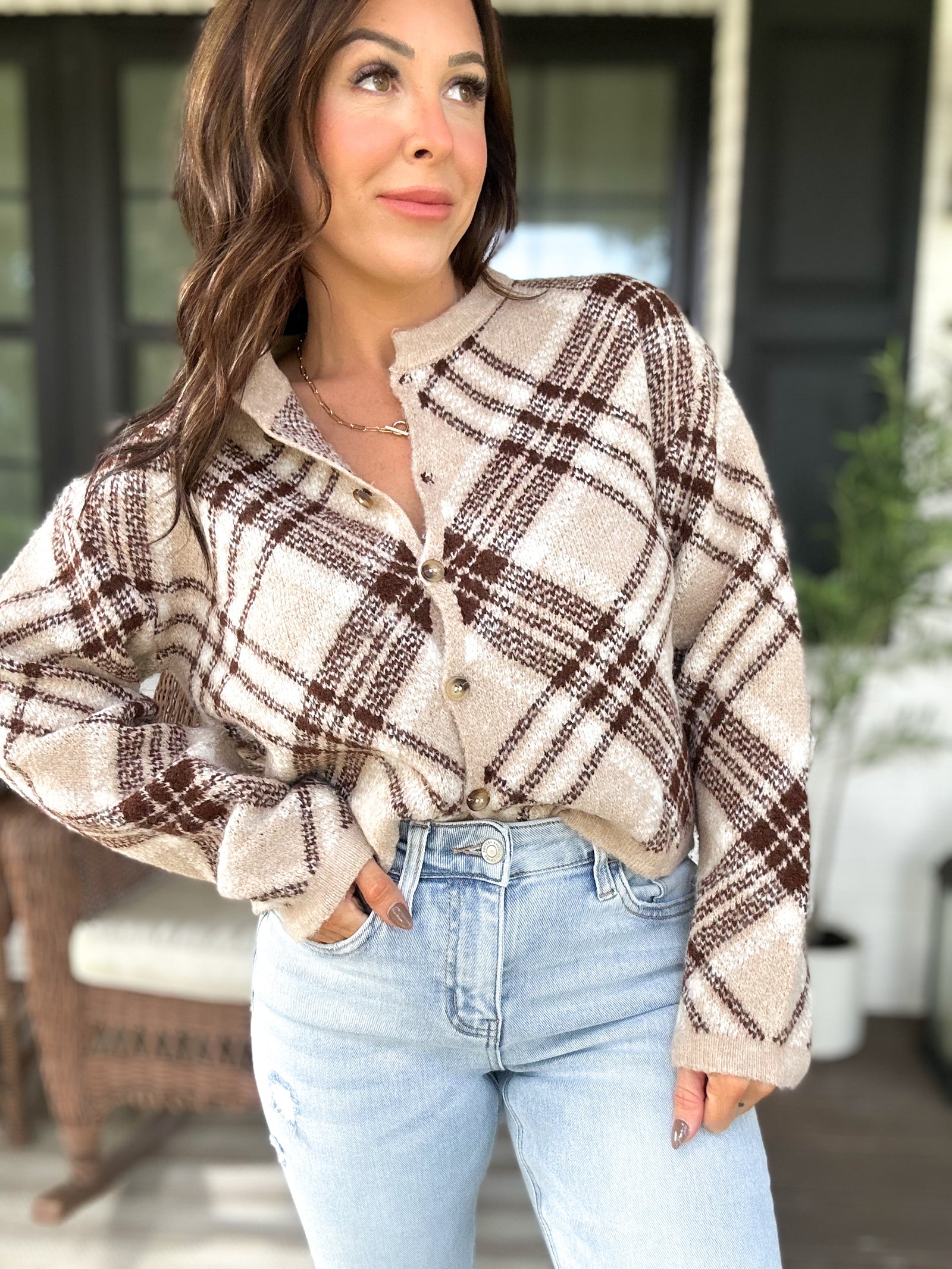 Rachele Checkered Plaid Sweater Cardigan