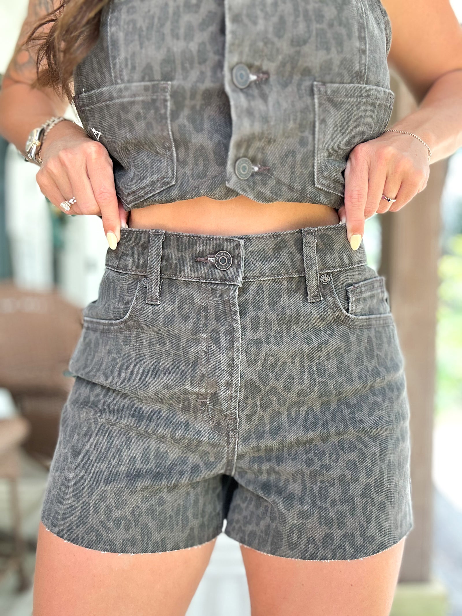 Logan Brown Cheetah Denim High Rise Shorts