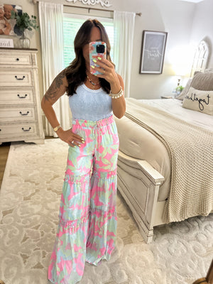 Finch Woven Floral Print Tiered Palazzo Pants