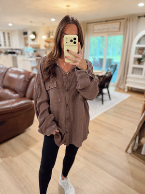 Sandi Stonewashed Oversized Knit Shacket - Brown