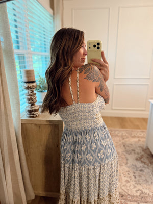 Georgia Mix Print Lace Trim Maxi Dress - Vintage Blue